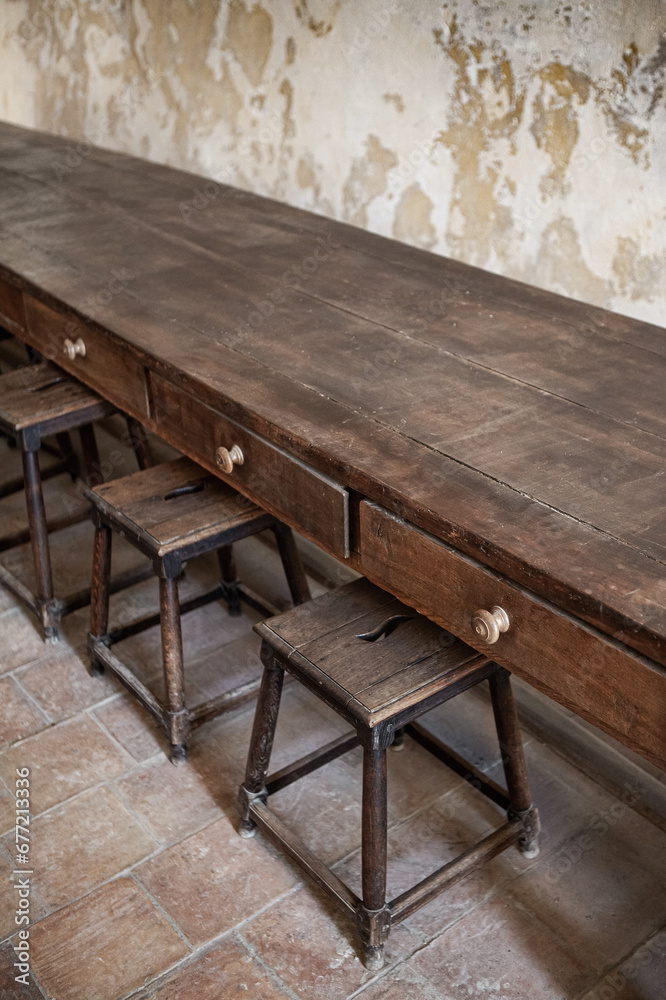 Rustic dining room of the Abbey of Saint Hilaire in the Luberon in France Rustic dining room of the Abbey of Saint Hilaire in the Luberon in France