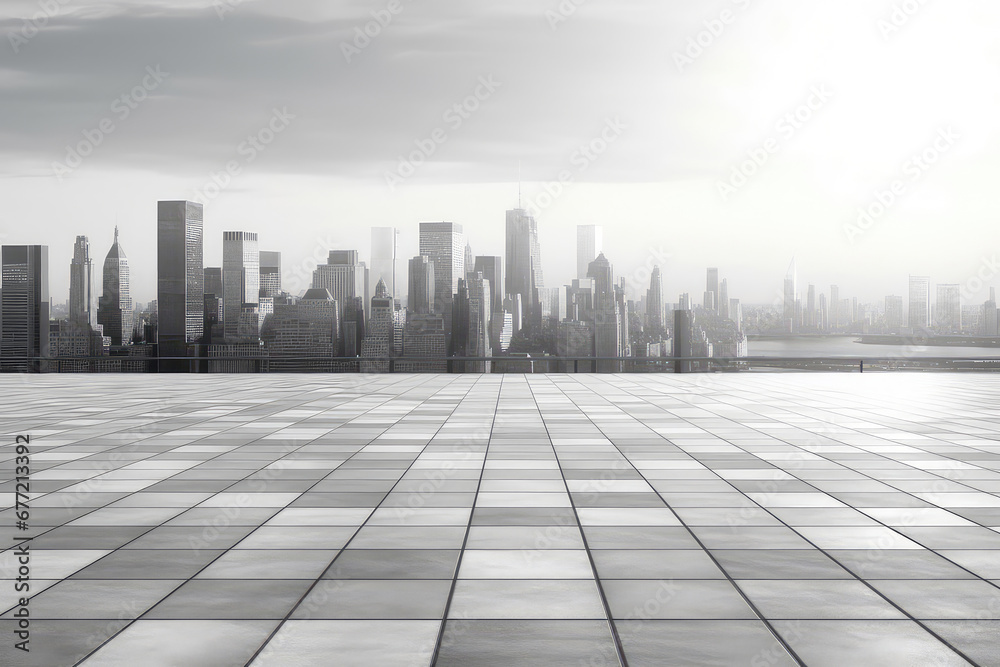 Panoramic skyline and buildings with empty brick concrete square floor cityscape. 3d render illustration. Generative AI. Panoramic skyline and buildings with empty brick concrete square floor cityscape. 3d render illustration. Generative AI.