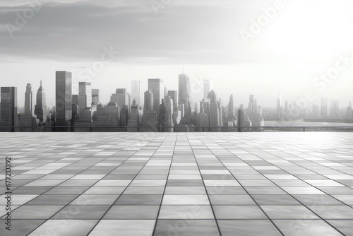 Panoramic skyline and buildings with empty brick concrete square floor cityscape. 3d render illustration. Generative AI.