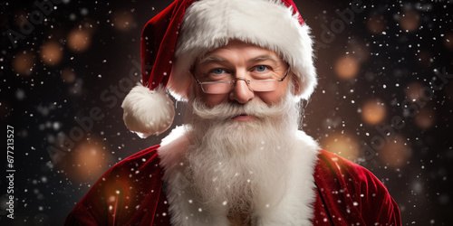 Merry Christmas and happy new year concept, Happy Santa Claus outdoors in snowfall night in eyeglasses looking at camera, generative ai © OP38Studio