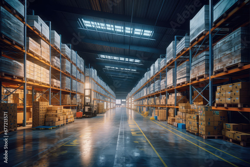 Empty Warehouse full of blank cardboard boxes stacked. 3d render illustration. Generative AI. © NeeArtwork