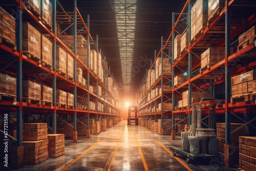 Empty Warehouse full of blank cardboard boxes stacked. 3d render illustration. Generative AI.