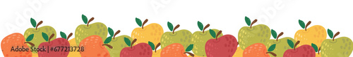 Horizontal border of colorful apple fruits. Fruits with leaves drawn. Bright border of fruit decor. Vector illustration for wallpaper, wrapping paper. Food template for menu, cover, children's room