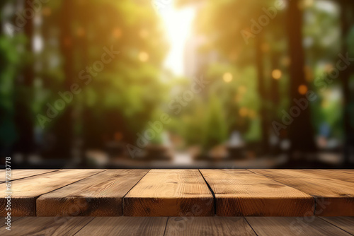 Empty wooden table top with lights bokeh on blur background. 3d render illustration. Generative AI.