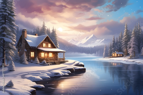 A stunningly beautiful digital painting of a winter wonderland, with snow-covered trees, a sparkling lake, and a cozy cabin in the distance, with smoke billowing from the chimney and inviting lights. photo