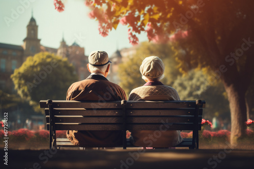 Back view of senior couple sitting on a bench in a autumn. High quality photo