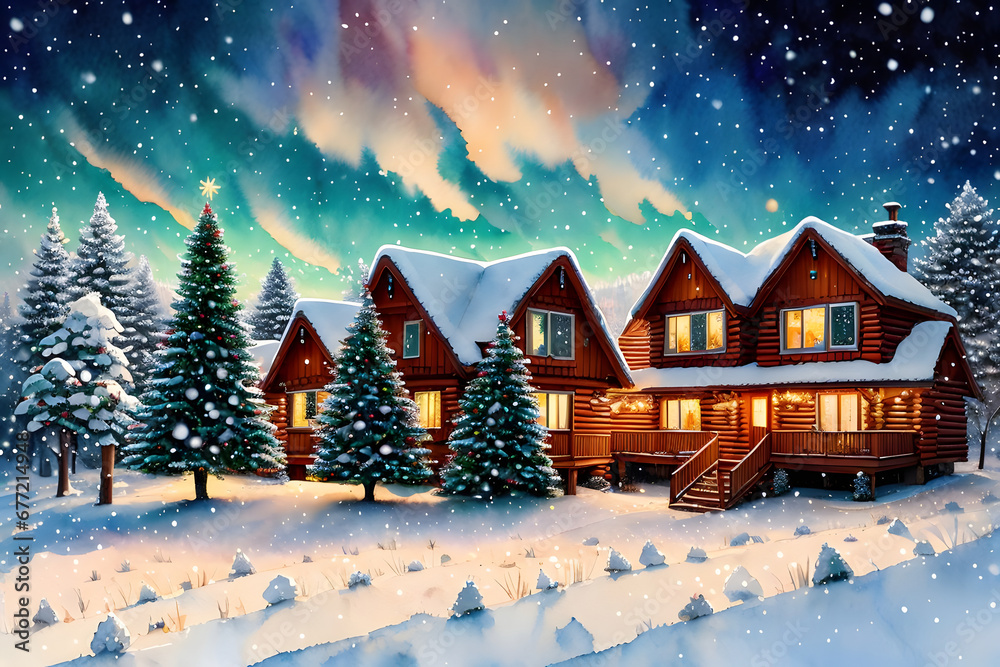 A winter night over hushed cottages, northern lights keep watch on Christmas night