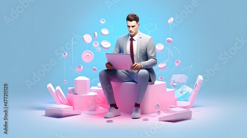 Modern Businessman Working on Laptop with Global Communications Concept