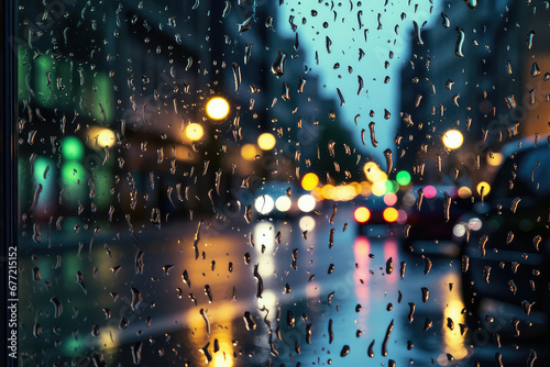 City view through a window on a rainy night,Rain drops on window with road light bokeh. In Night Life. Generative AI.
