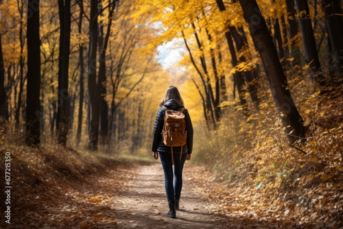 Hiker woman on forest trail in fall nature background, active lifestyle, people hiking in autumn.