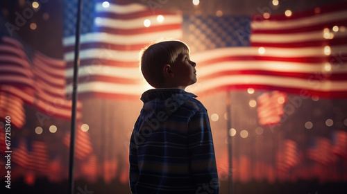 boy looking up at the American flag.