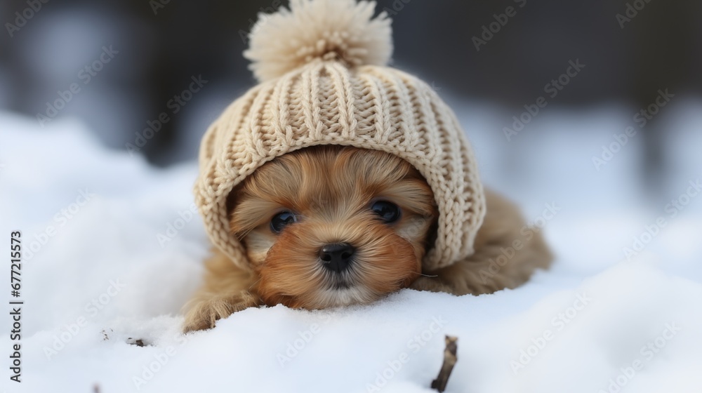 Puppy cute wearing a knitted hat lying on the snow winter, generative ai Puppy cute wearing a knitted hat lying on the snow winter, generative ai