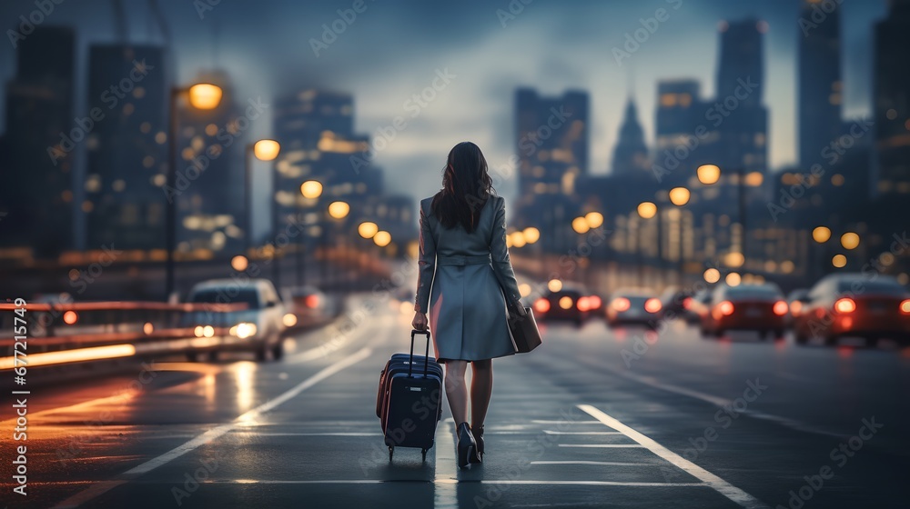 Businesswoman in Suit Walking with Suitcase in City at Dusk