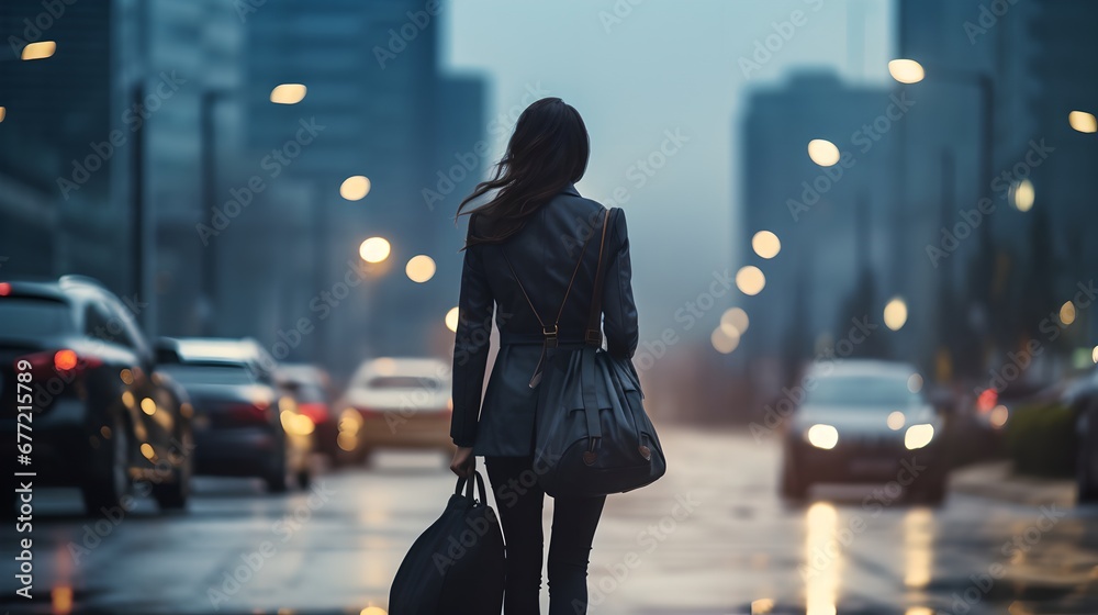 Naklejka premium City Businesswoman Walking at Night near Skyscraper, Traffic and Blurred Motion