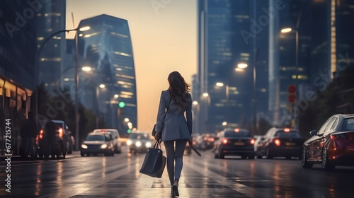 Busy businesswoman walking in a vibrant city at night with skyscrapers, cars, and city lights