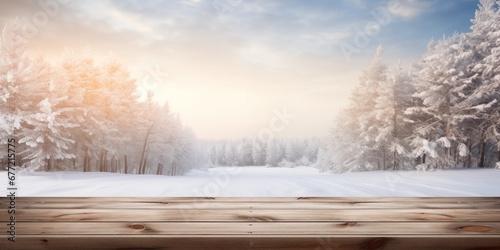 Winter christmas scenic landscape with copy space. Wooden flooring with snow in forest with fir-trees covered with snow on nature, generative ai © OP38Studio