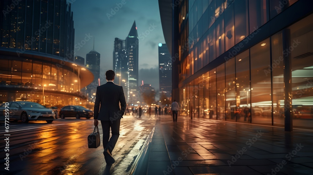 Businessman in motion, walking through the modern city at night with skyscrapers, reflecting success.