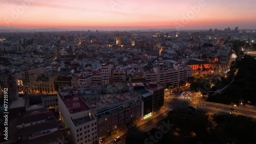 Wallpaper Mural 4k view of Valencia, Spain. aerial footage the Miguelet Bell Tower and Cathedral at night Torontodigital.ca