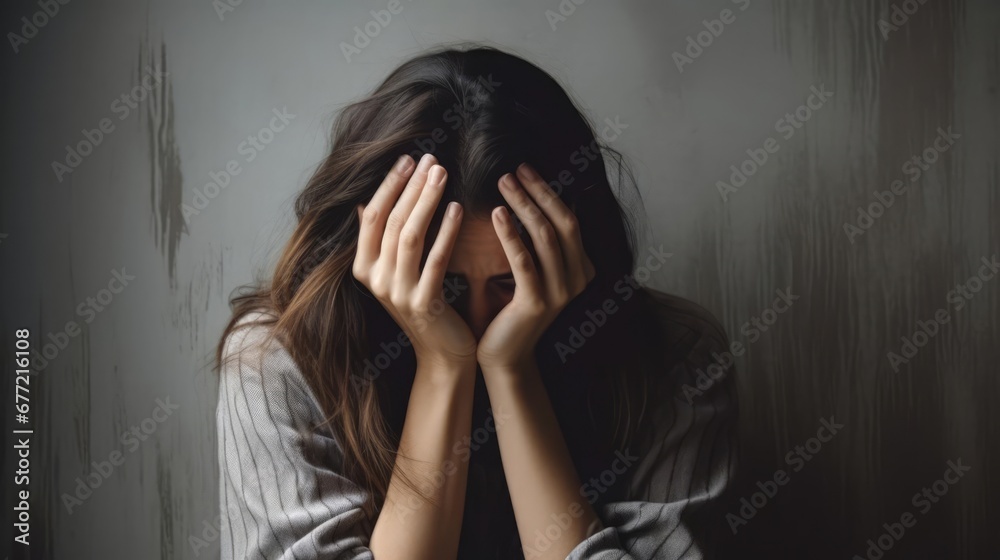 Exhausted mother covering her face in distress With copyspace for text Exhausted mother covering her face in distress With copyspace for text