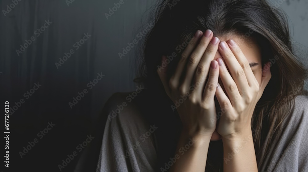Exhausted mother covering her face in distress With copyspace for text Exhausted mother covering her face in distress With copyspace for text