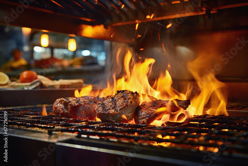 Close up of burning grill meat for dinner in the oven in background of modern restaurant. Cooking concept of food and dish. photo