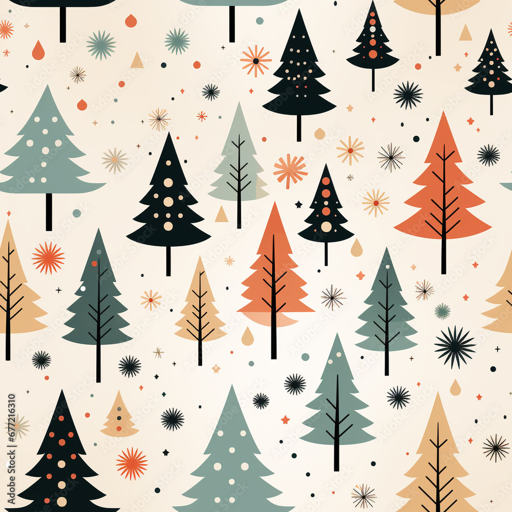 Christmas elements in modern minimalist geometric style. Colorful illustration in flat vector cartoon style. Xmas tree with geometrical patterns, stars and abstract elements