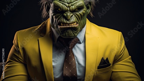  a man in a yellow suit and tie with a griny grin on his face wearing a yellow jacket and tie.  generative ai photo