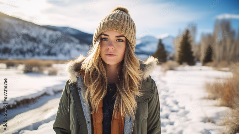 a young woman, winter walk in mountains in casual clothing. With empty copy space a young woman, winter walk in mountains in casual clothing. With empty copy space