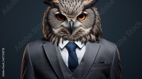  an owl dressed in a suit and tie with an orange - eyed owl's head sticking out of his jacket.  generative ai photo