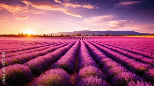 Field with rows of lavender flowers at sunset 