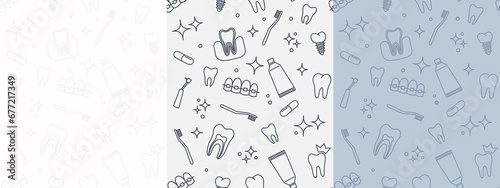 Medical seamless background set patterns with teeth in trendy linear style dentistry doctor