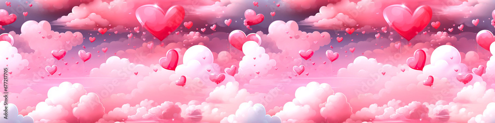 seamless border with  hearts and clouds for St Valentine, cartoon style
