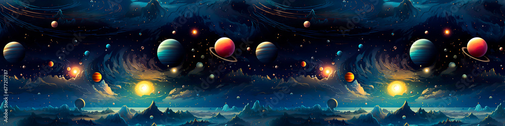 seamless border with  moon, planets, stars, comets, cosmos, cartoon style