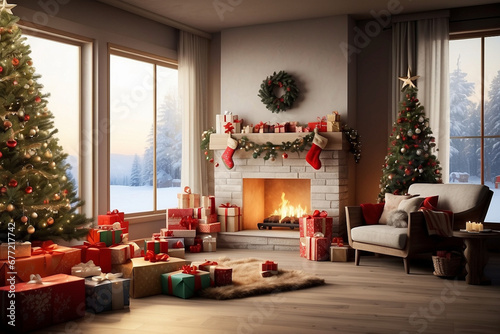 Escena navideña, casa decorada con arbol de navidad, adornos y regalos, fetejos de navidad photo