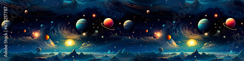 seamless border with  moon  planets  stars  comets  cosmos  cartoon style