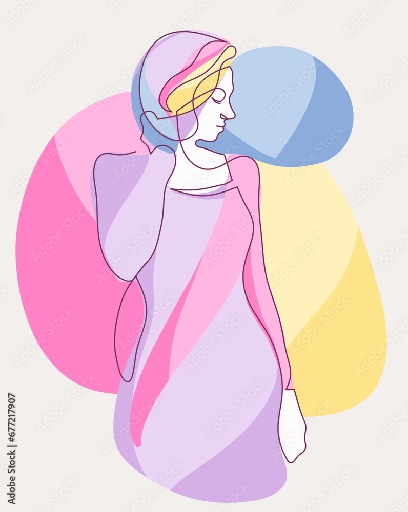 Beautiful girl drawn with one line, colored spots, bright colors Beautiful girl drawn with one line, colored spots, bright colors
