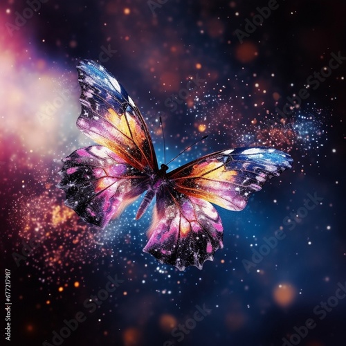 Butterfly waving its wings made of stardust and creating magical planets
