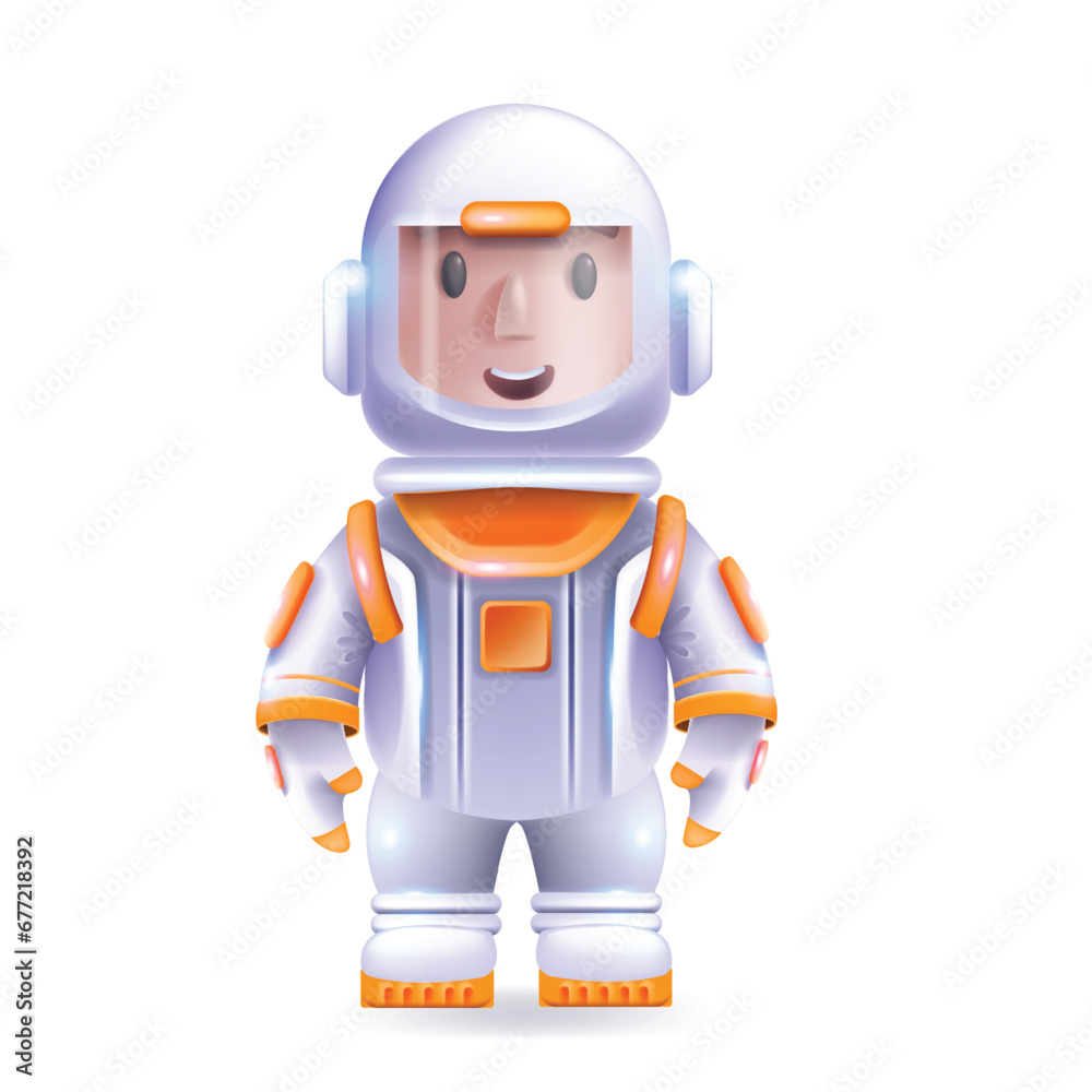 3D cartoon astronaut, vector cute spaceman game character, children education cosmos illustration. Smiling adorable boy in space helmet and spacesuit, childish comic clipart. 3D astronaut mascot