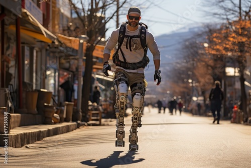 A man in modern bionic leg exoskeletons walking on a city street, blending technology and daily life