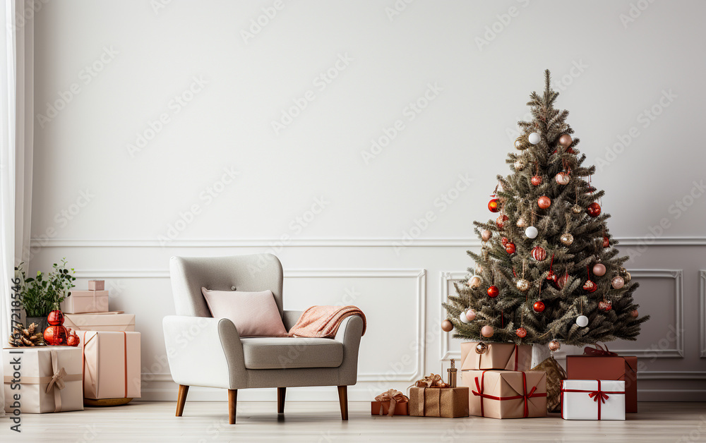 White interior with white christmas tree and white armchair in white wall background White interior with white christmas tree and white armchair in white wall background