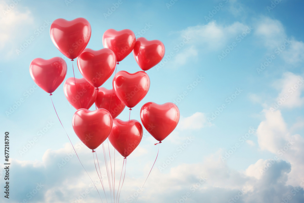 Floating red heart-shaped balloons against a serene sky. A symbol of love and celebration in the clouds.