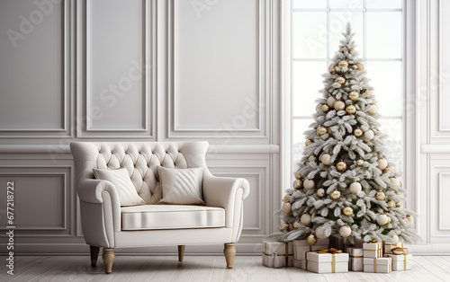 Minimalistic Christmas interior mockup. White wall with a chair and a sleek Christmas tree.
