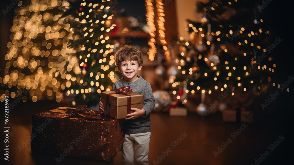 ute little boy with Christmas gift box, christmas tree as bokeh ute little boy with Christmas gift box, christmas tree as bokeh