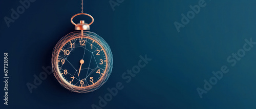 A pocket watch with golden numerals against a blue background. Concept for time, transience, and the future. With negative space for copy.