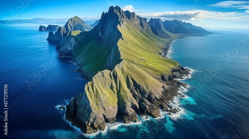 Majestic Green Mountain & Blue Ocean - Aerial Landscape with Rugged Cliffs & Serene Nature - Serene Coastal Landscape by Drone