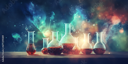 Science background illustration, scientific design. Flasks, glass and chemistry, physics elements. Generative AI  photo
