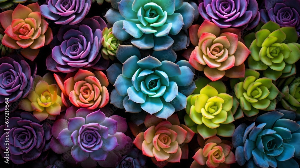 high quality photo of rainbow succulents, flat lighting photography, 16:9