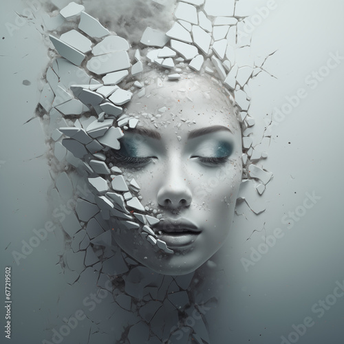 Beautiful face of a woman crumbling out of a wall with small stones