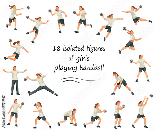 18 vector isolated girls  figures of women s handball players and goalkeepers team jumping  running  standing in goal in white uniforms