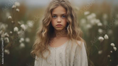 photo of a girl, muted whites color palette, copy space, 16:9